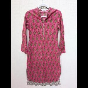 BIBA Indian Kurta Kurti Long Tunic Dress 100% Cotton Pink Floral Women's Size 34